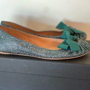 Sweetest MALOLES Ballet Flats * Size 38 * Green Metallic Weave with Bow!